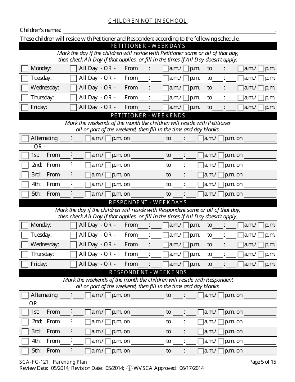 Form SCA-FC-121 Parenting Plan - West Virginia, Page 5