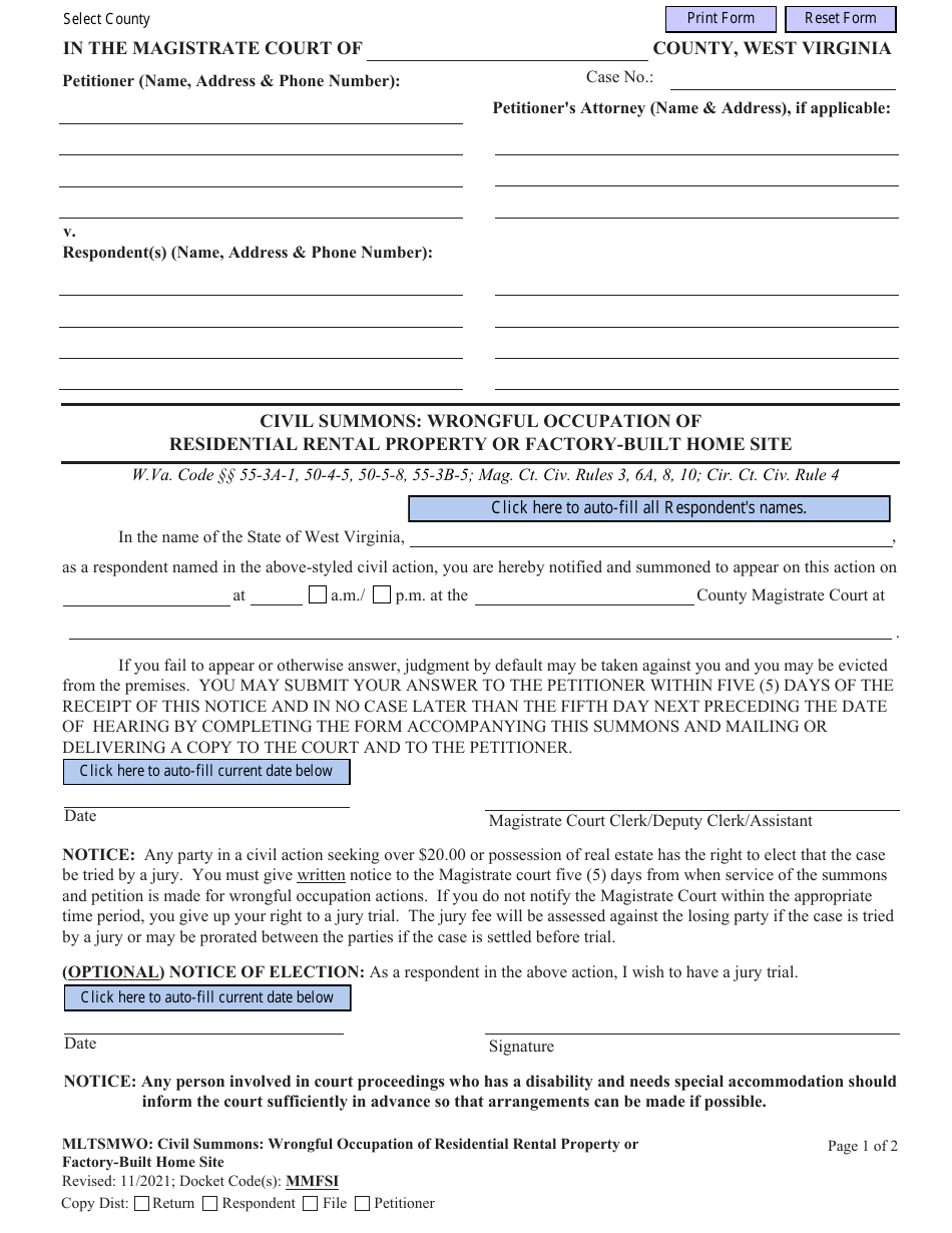 Form MLTSMWO Civil Summons: Wrongful Occupation of Residential Rental Property or Factory-Built Home Site - West Virginia, Page 1