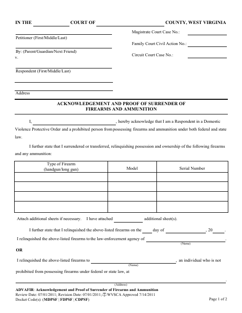 Form ADVAFIR Acknowledgement and Proof of Surrender of Firearms and Ammunition - West Virginia