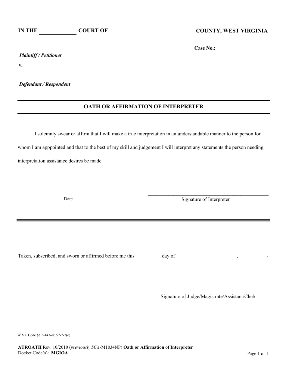 Form ATROATH Oath or Affirmation of Interpreter - West Virginia, Page 1