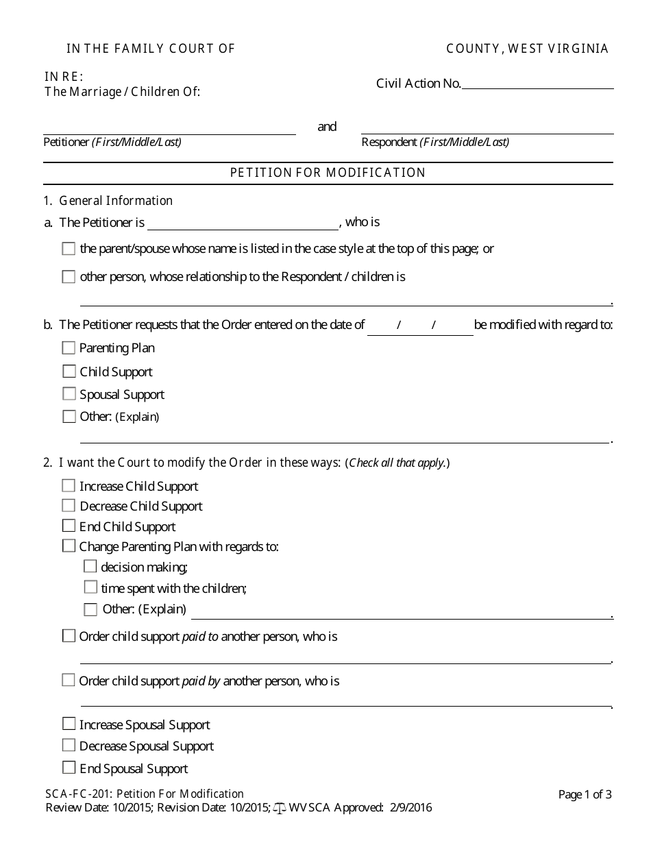 Form SCA-FC-201 Petition for Modification - West Virginia, Page 1
