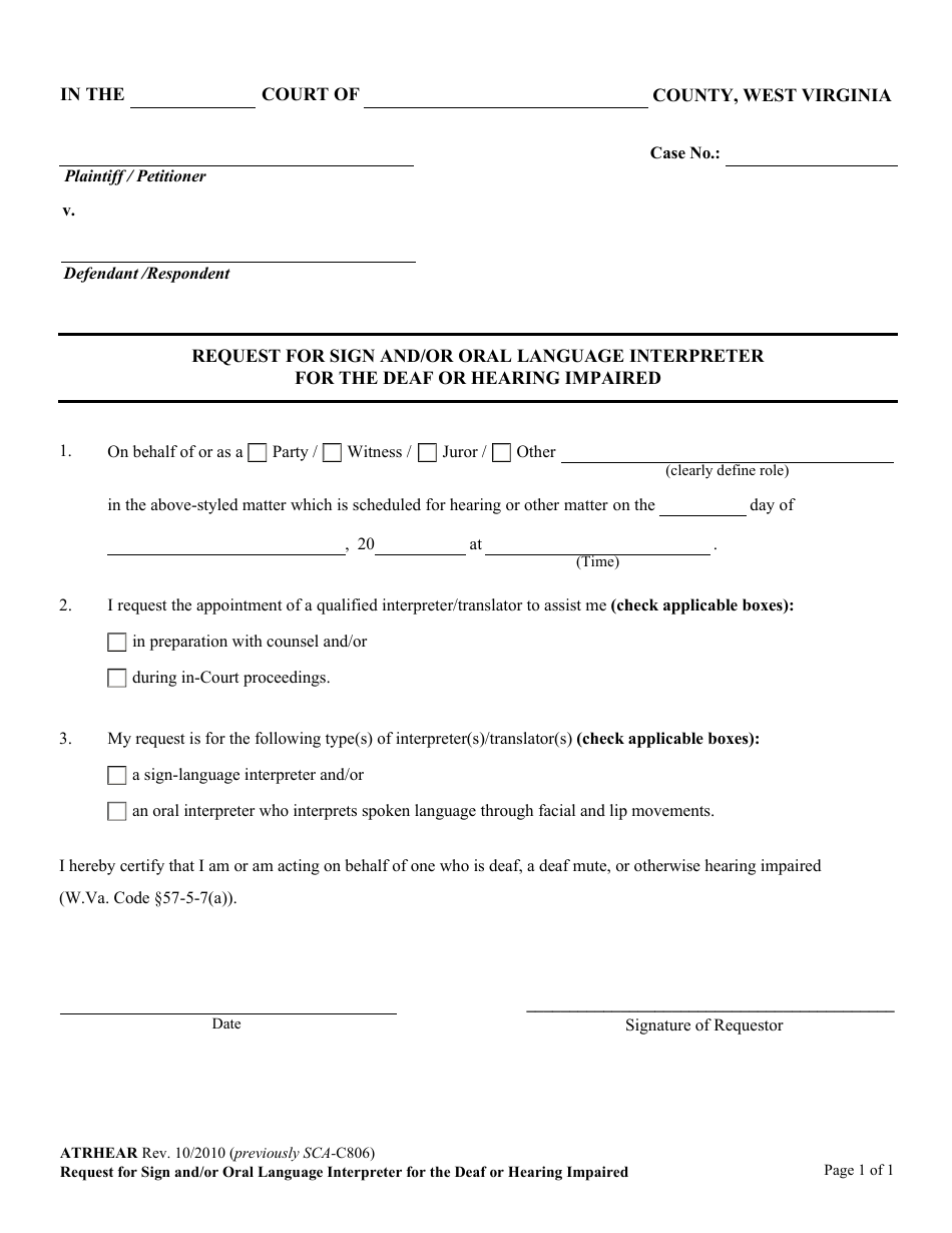 Form ATRHEAR Request for Sign and / or Oral Language Interpreter for the Deaf or Hearing Impaired - West Virginia, Page 1