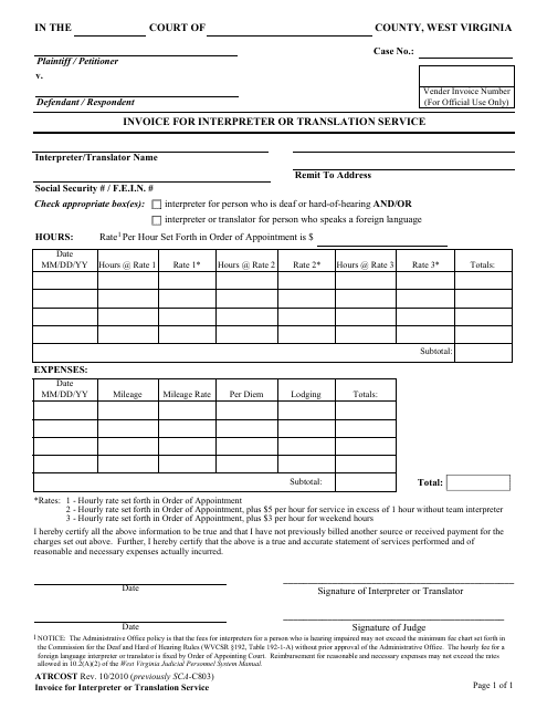 Form ATRCOST Invoice for Interpreter or Translation Service - West Virginia