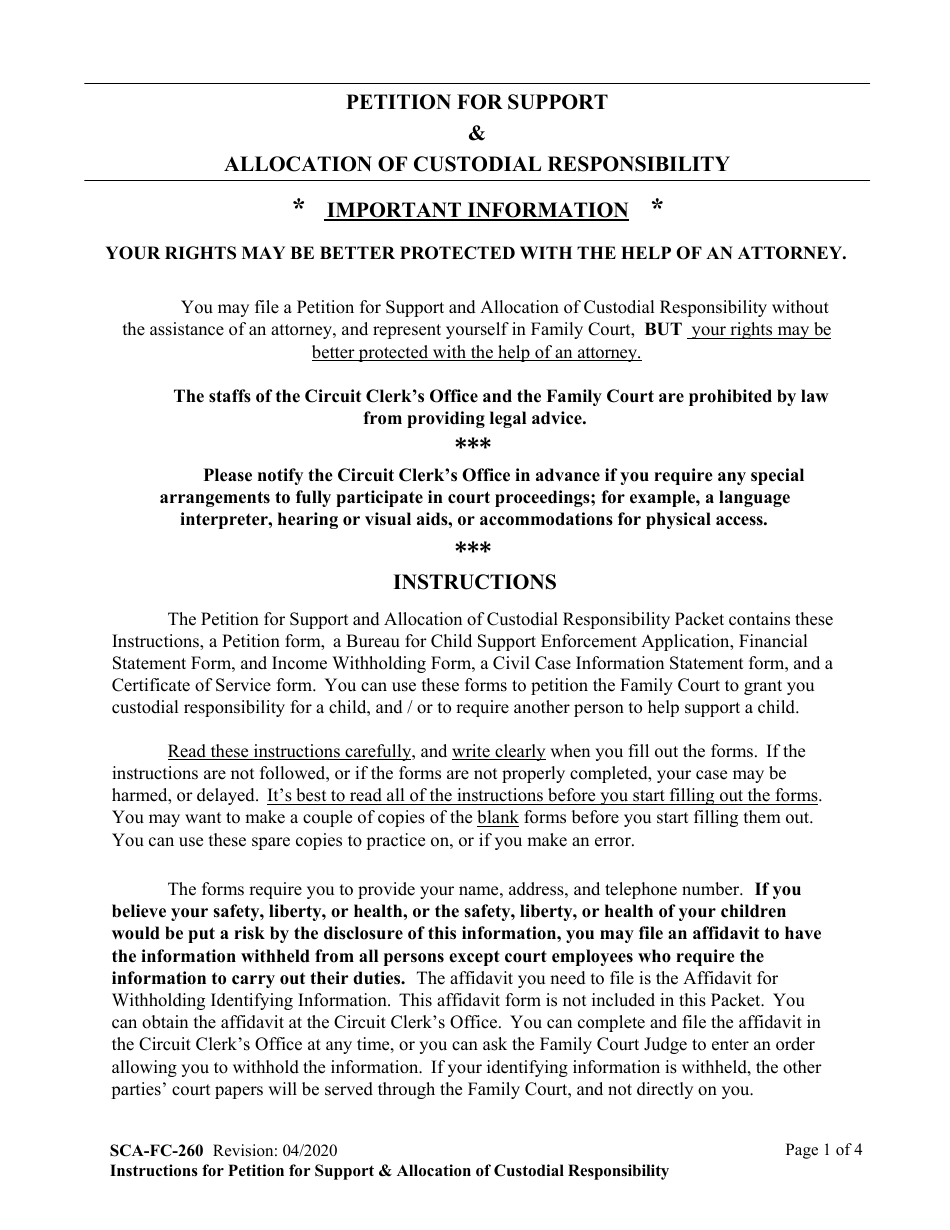 Instructions for Form SCA-FC-261 Petition for Support and Allocation of Custodial Responsibilities - West Virginia, Page 1