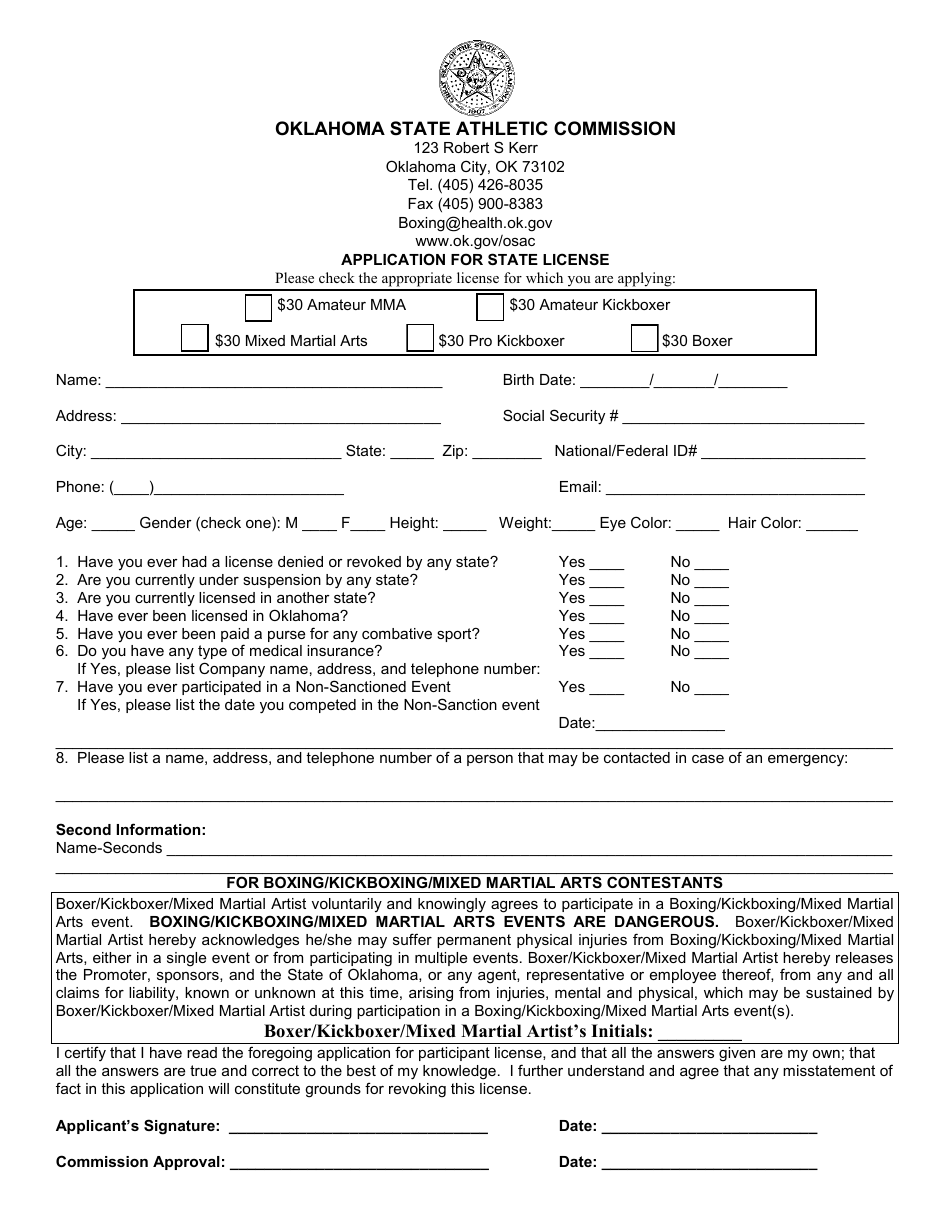 Athlete License Application - Oklahoma, Page 1