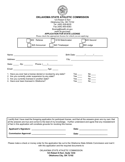 Application for State License - Oklahoma State Athletic Commission - Oklahoma