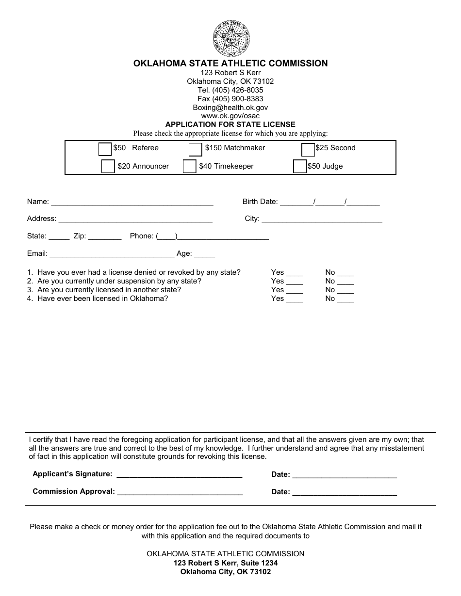 Application for State License - Oklahoma State Athletic Commission - Oklahoma, Page 1
