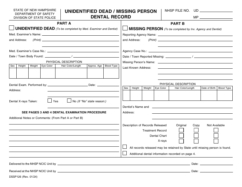 Form DSSP126 Unidentified Dead/Missing Person Dental Record - New Hampshire