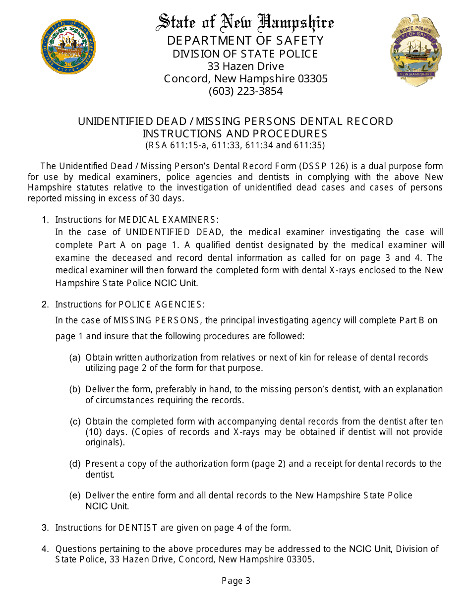 Form DSSP126 Unidentified Dead / Missing Person Dental Record - New Hampshire, Page 3