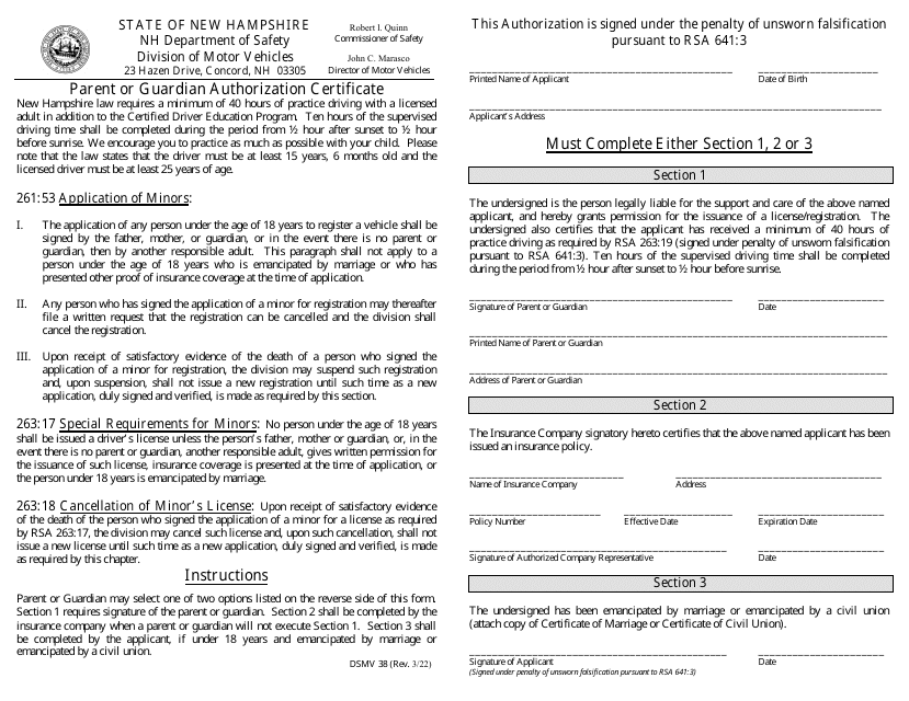 Form DSMV38 Parent or Guardian Authorization Certificate - New Hampshire