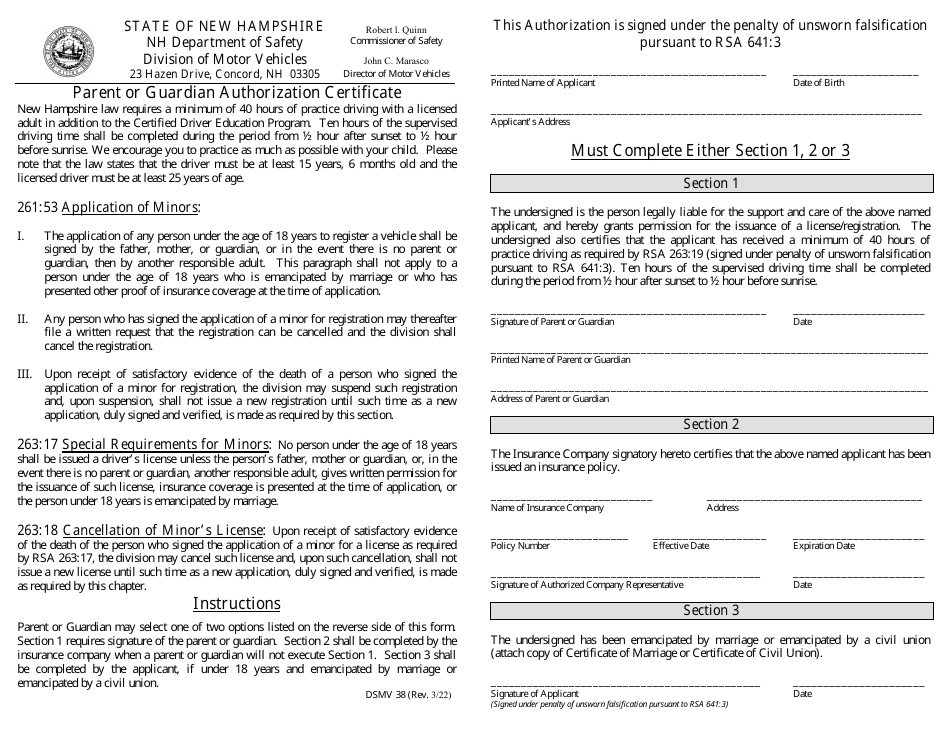 Form DSMV38 Parent or Guardian Authorization Certificate - New Hampshire, Page 1