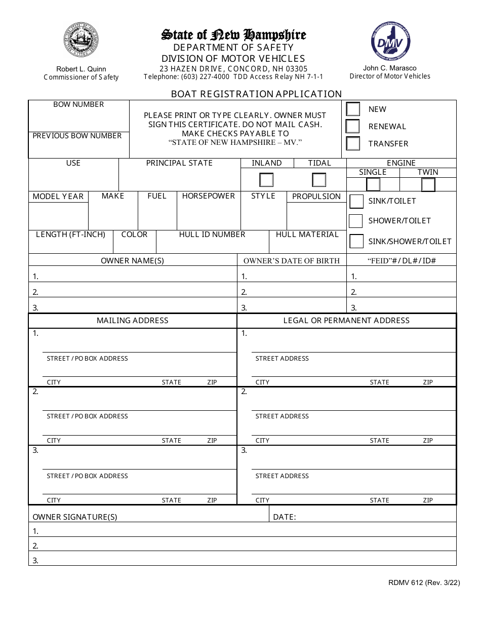 Form RDMV612 Boat Registration Application - New Hampshire, Page 1