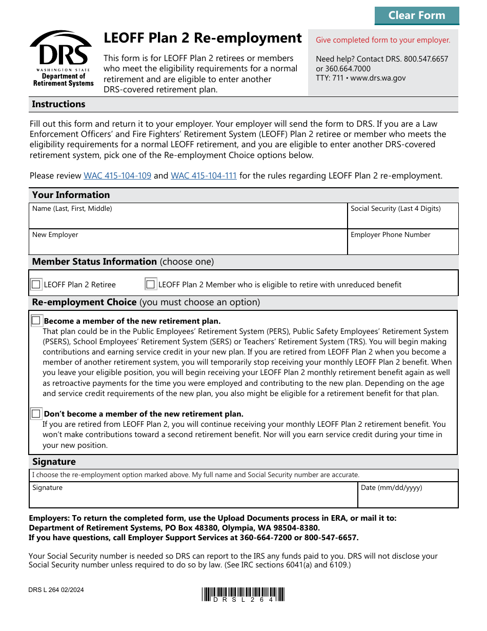 Form DRS L264 Leoff Plan 2 Re-employment - Washington, Page 1