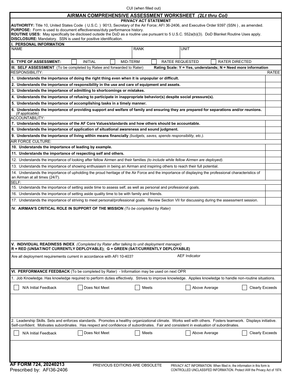AF Form 724 Airman Comprehensive Assessment Worksheet (2lt Thru COL), Page 1
