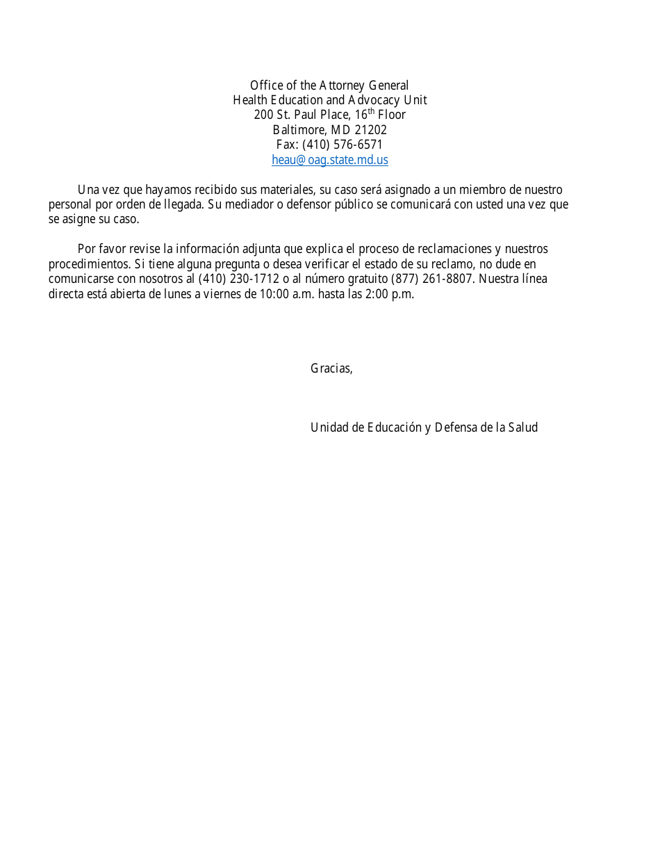 Oficina Del Fiscal General, Division De Proteccion Al Consumidor La Unidad De Educacion Y Defensa De La Salud Formulario De Reclamacion - Maryland (Spanish), Page 2