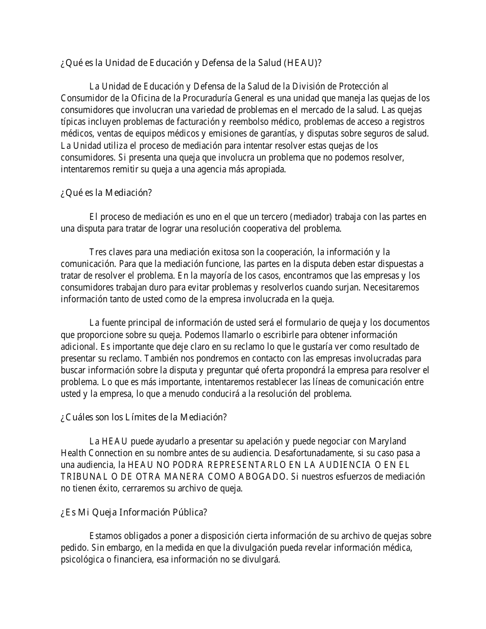 Oficina Del Fiscal General, Division De Proteccion Al Consumidor La Unidad De Educacion Y Defensa De La Salud Formulario De Reclamacion - Maryland (Spanish), Page 3