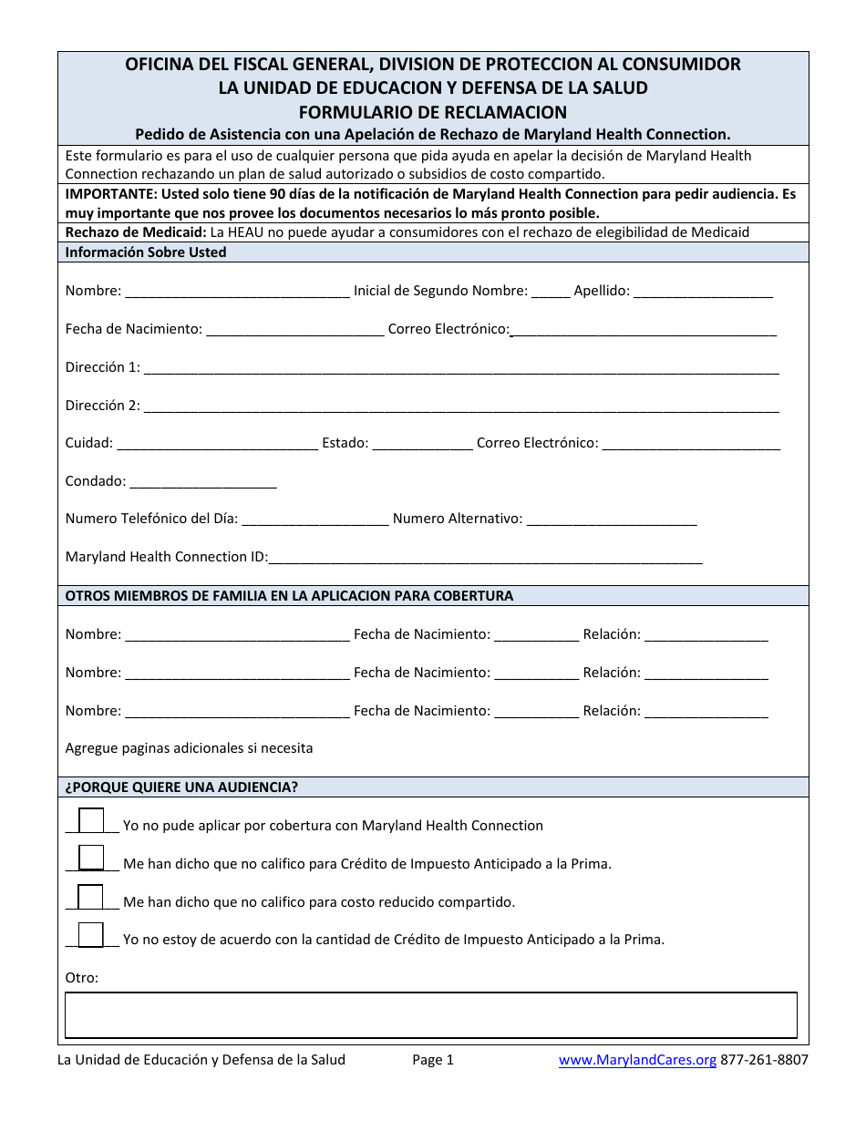 Oficina Del Fiscal General, Division De Proteccion Al Consumidor La Unidad De Educacion Y Defensa De La Salud Formulario De Reclamacion - Maryland (Spanish), Page 4