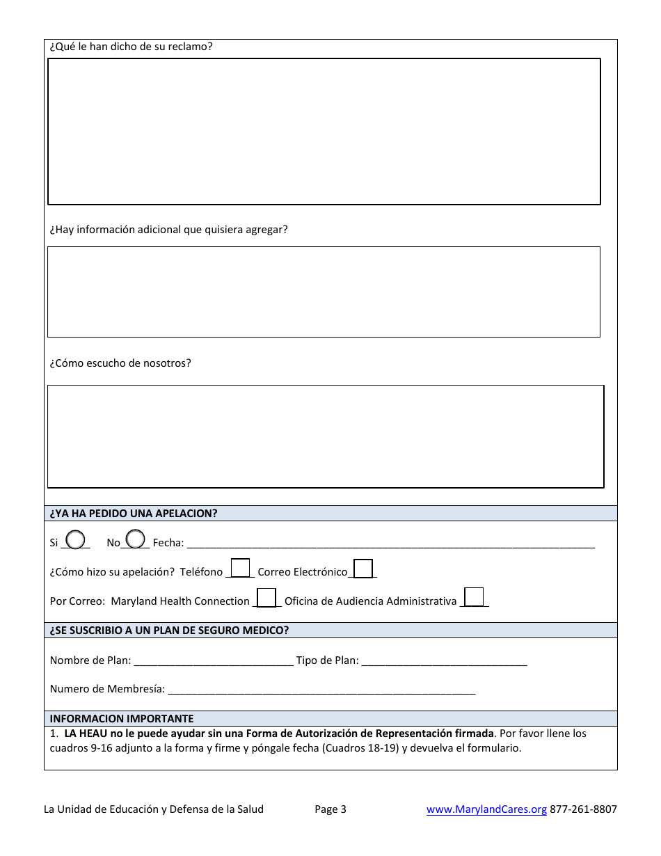 Oficina Del Fiscal General, Division De Proteccion Al Consumidor La Unidad De Educacion Y Defensa De La Salud Formulario De Reclamacion - Maryland (Spanish), Page 6