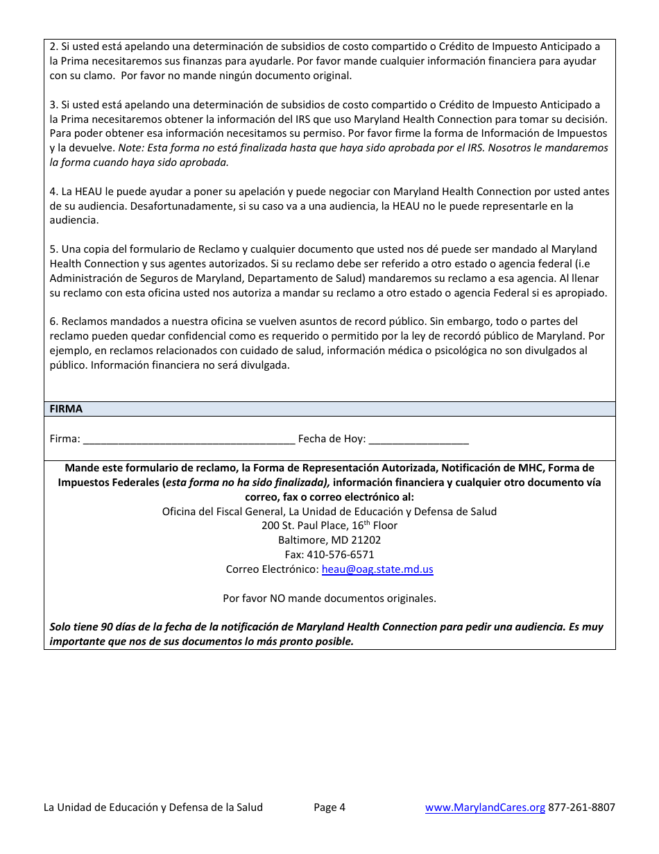 Oficina Del Fiscal General, Division De Proteccion Al Consumidor La Unidad De Educacion Y Defensa De La Salud Formulario De Reclamacion - Maryland (Spanish), Page 7