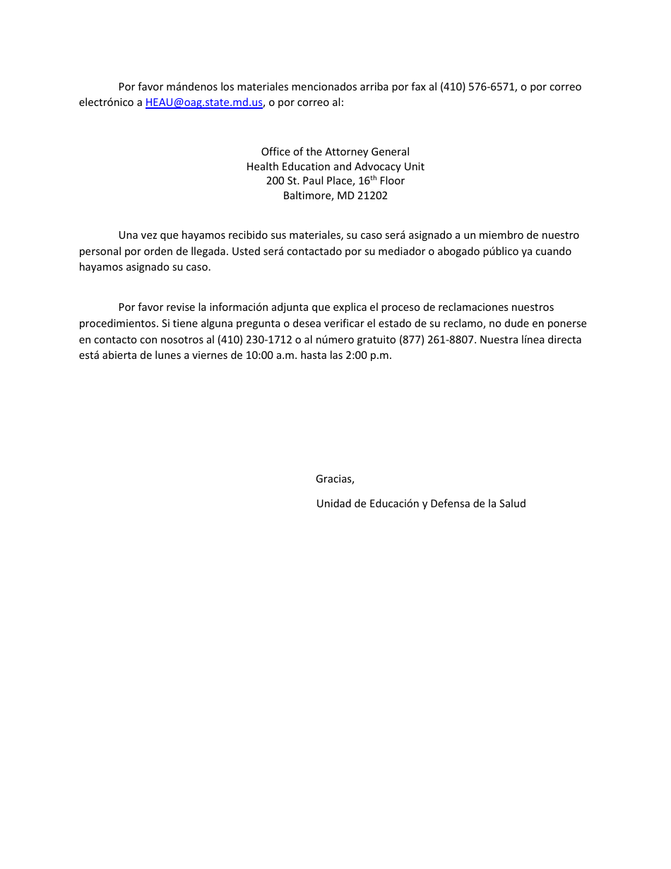 Formulario De Reclamaciones Del Consumidor - Maryland (Spanish), Page 2