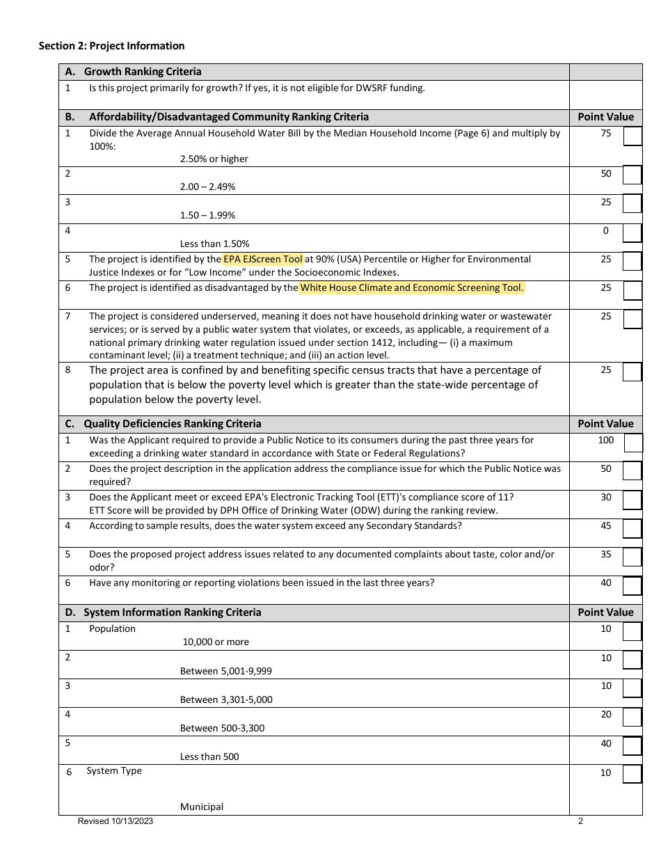 Delaware Drinking Water State Revolving Fund Notice of Intent Preapplication - Delaware, Page 2