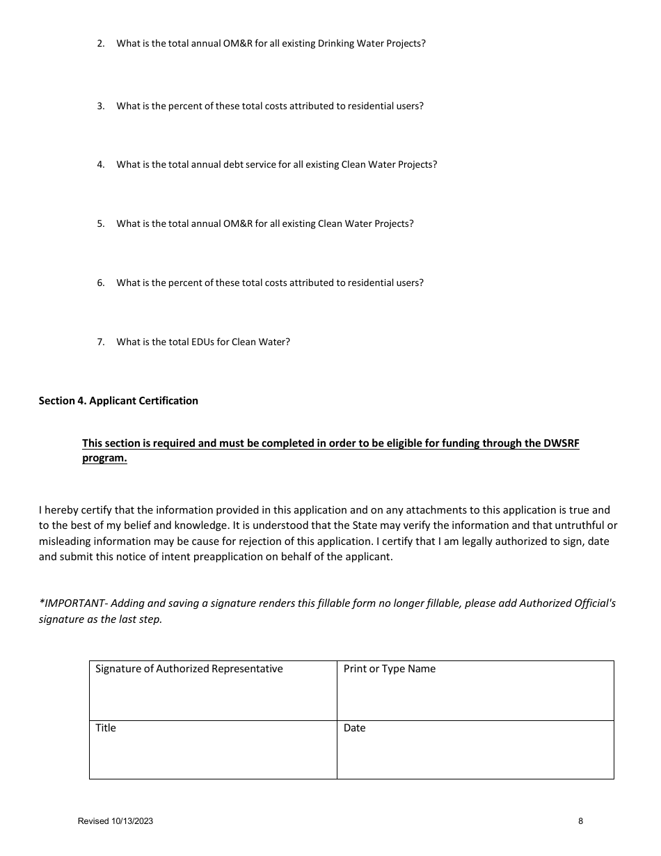 Delaware Drinking Water State Revolving Fund Notice of Intent Preapplication - Delaware, Page 8