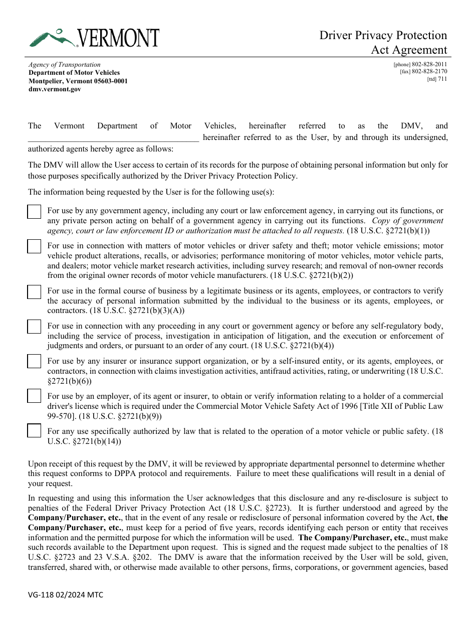 Form VG-118 Driver Privacy Protection Act Agreement - Vermont, Page 1