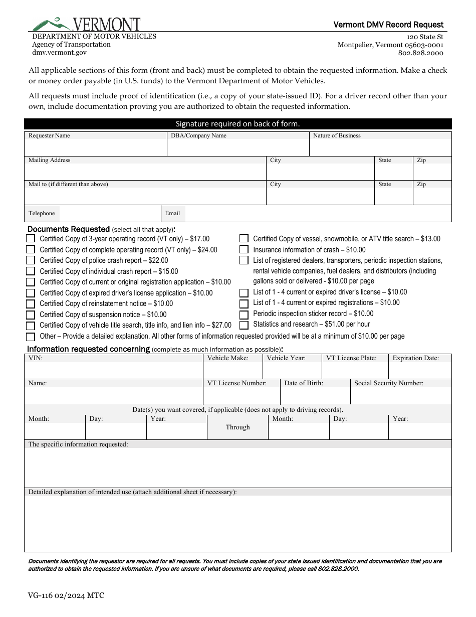 Form VG116 Download Fillable PDF or Fill Online Vermont DMV Record