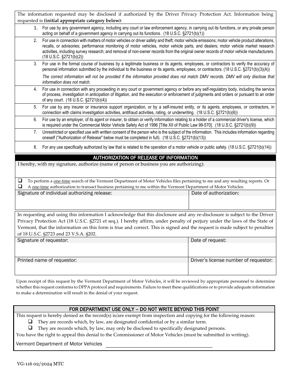 Form VG-116 Download Fillable PDF or Fill Online Vermont DMV Record ...