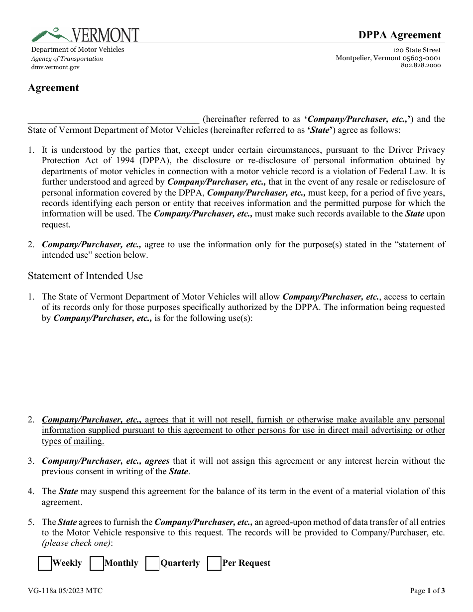 Form VG-118A Dppa Agreement - Vermont, Page 1