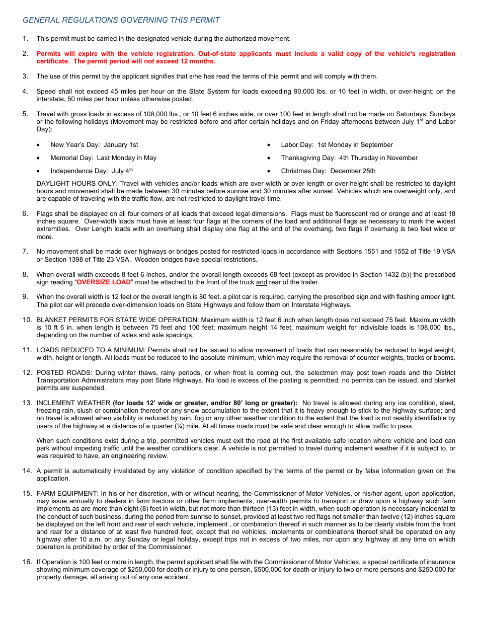 Form CVO-122 Blanket Permit Application for Overweight and Over-dimension Vehicles - Vermont, Page 2