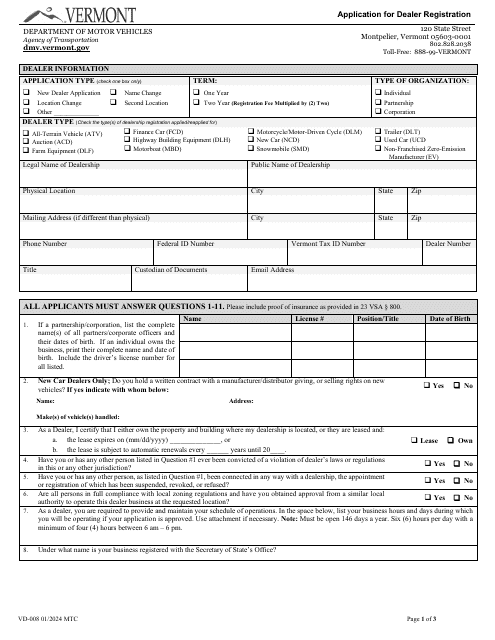 Form VD-008 Application for Dealer Registration - Vermont