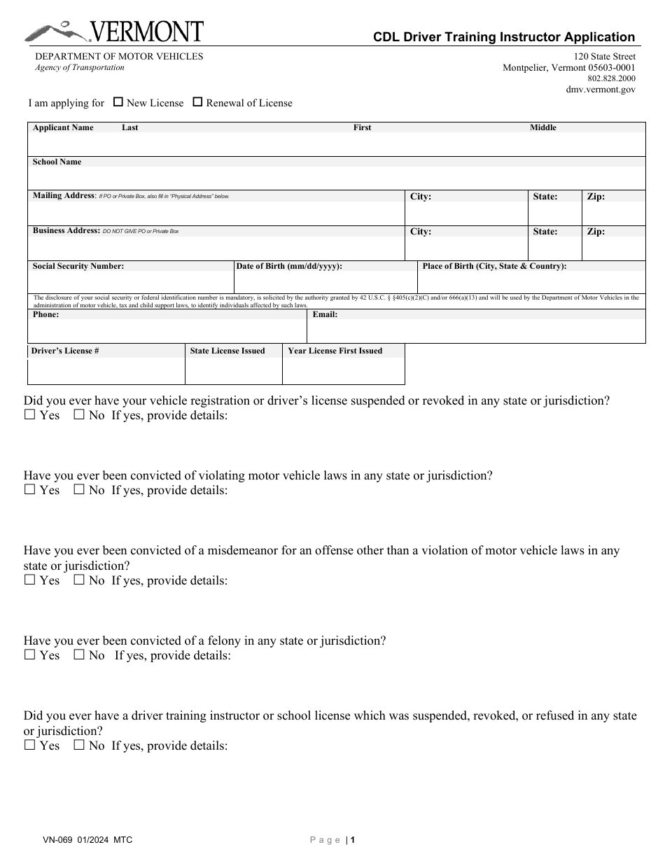 Form VN-069 Cdl Driver Training Instructor Application - Vermont, Page 1
