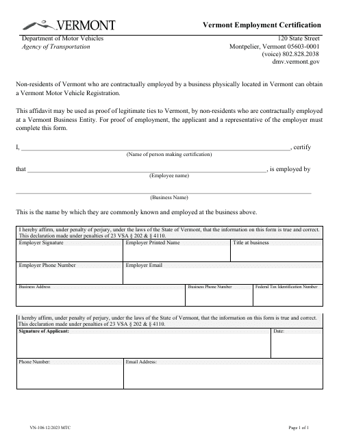 Form VN-106 Vermont Employment Certification - Vermont