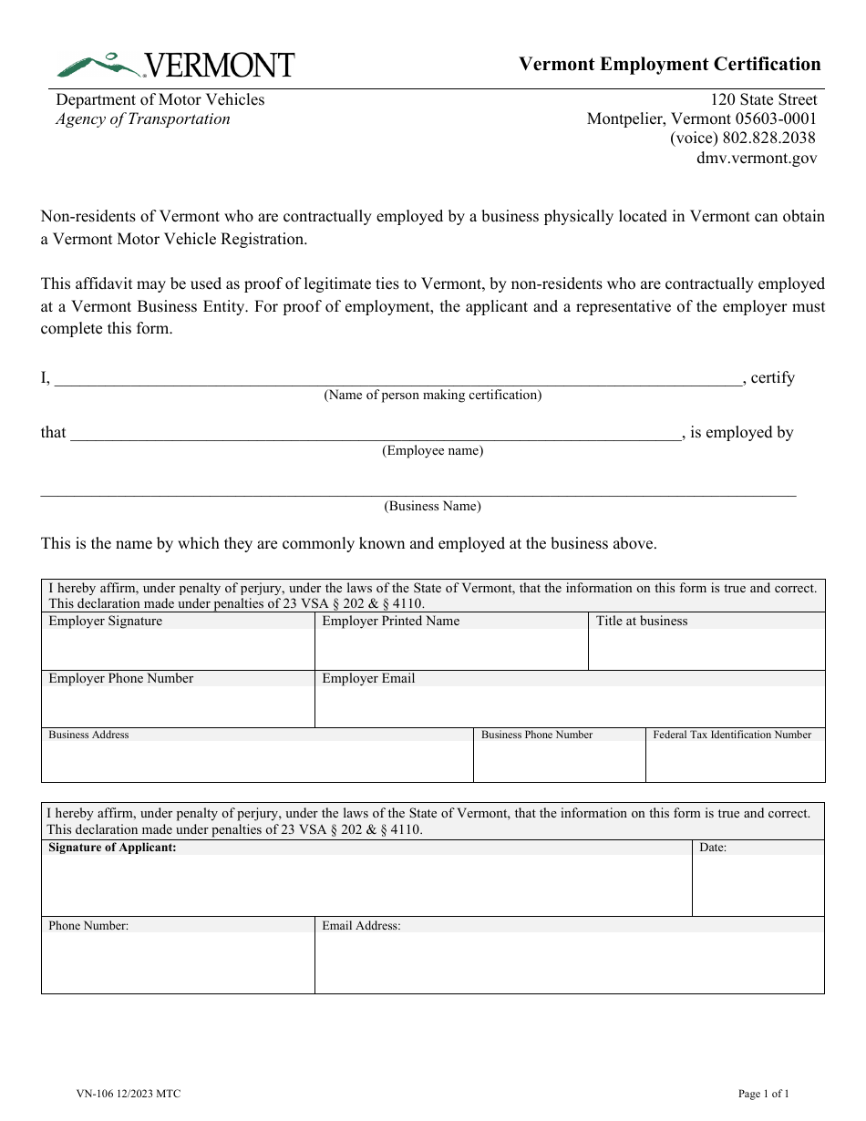 Form VN-106 Vermont Employment Certification - Vermont, Page 1