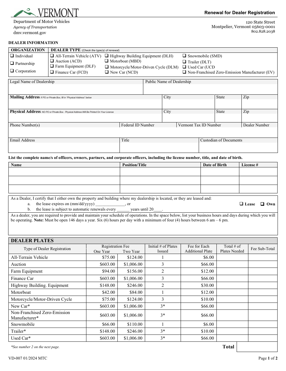 Form VD-007 Renewal for Dealer Registration - Vermont, Page 1