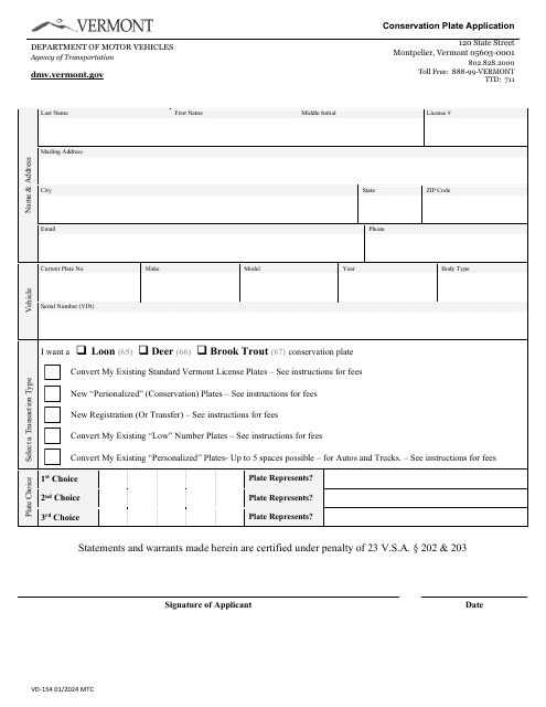 Form VD-154  Printable Pdf