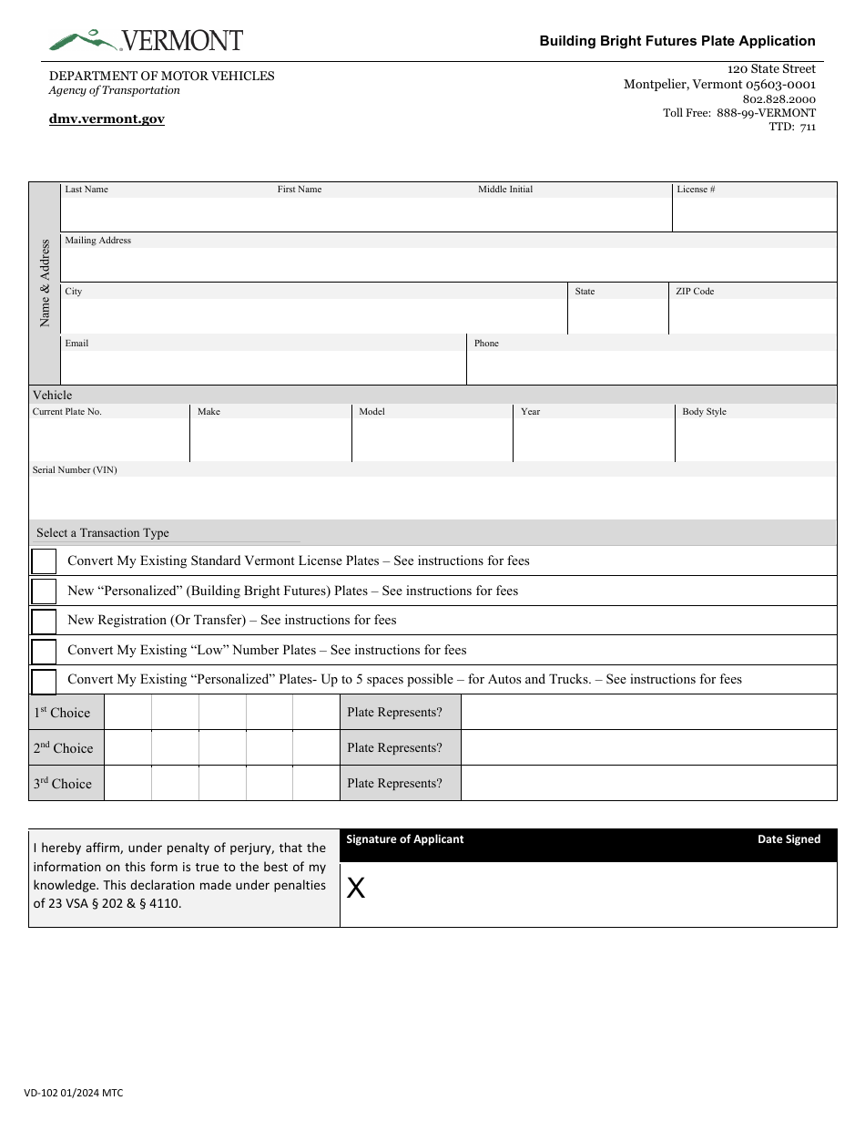Form VD-102 Building Bright Futures Plate Application - Vermont, Page 1