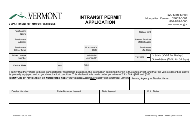 Document preview: Form VD-032 Intransit Permit Application - Vermont
