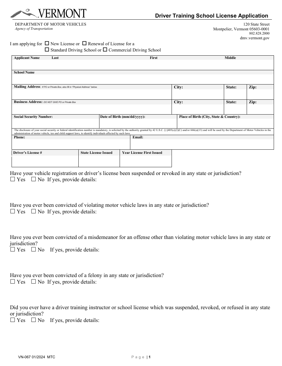 Form VN-067 Driver Training School License Application - Vermont, Page 1
