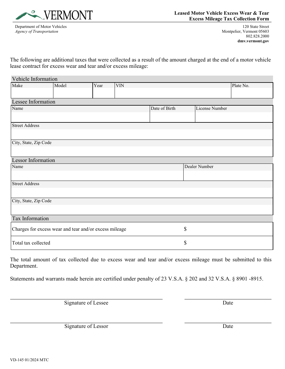 Form VD-145 Leased Motor Vehicle Excess Wear and Tear Excess Mileage Tax Collection Form - Vermont, Page 1