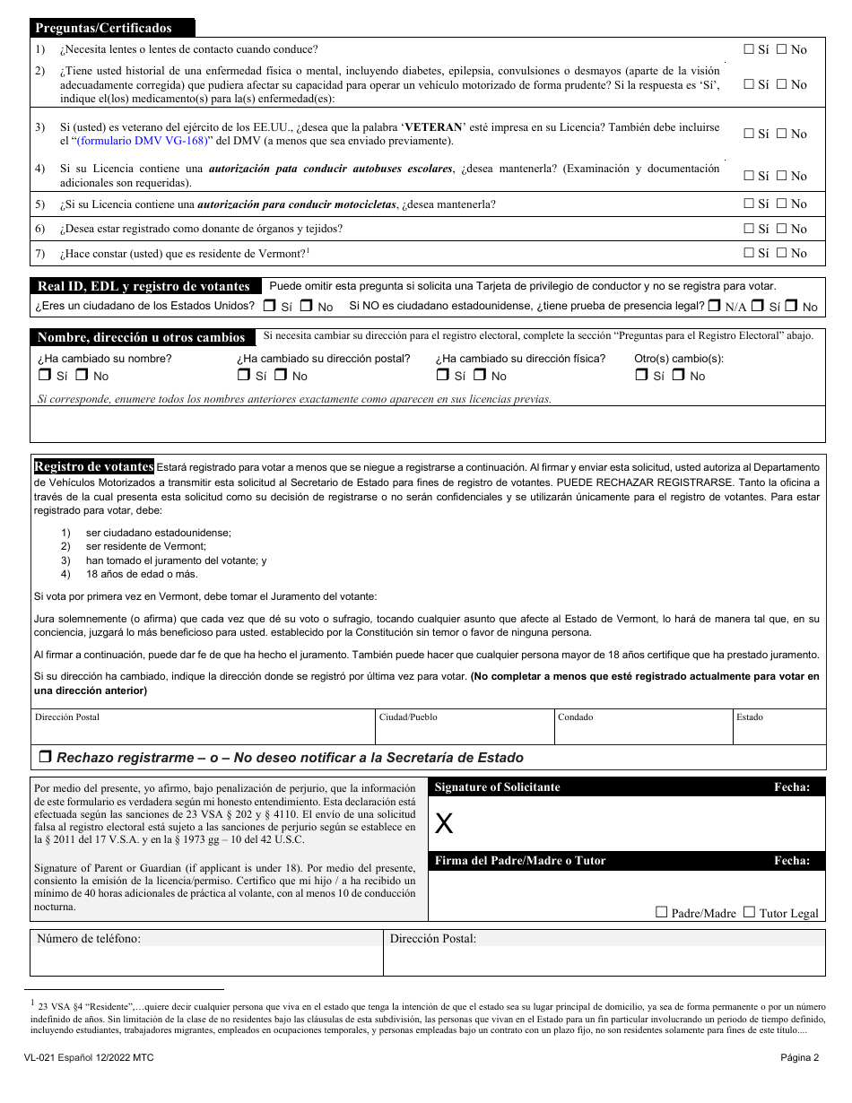 Formulario VL-021SP Solicitud De Licencia / Permiso - Vermont (Spanish), Page 3