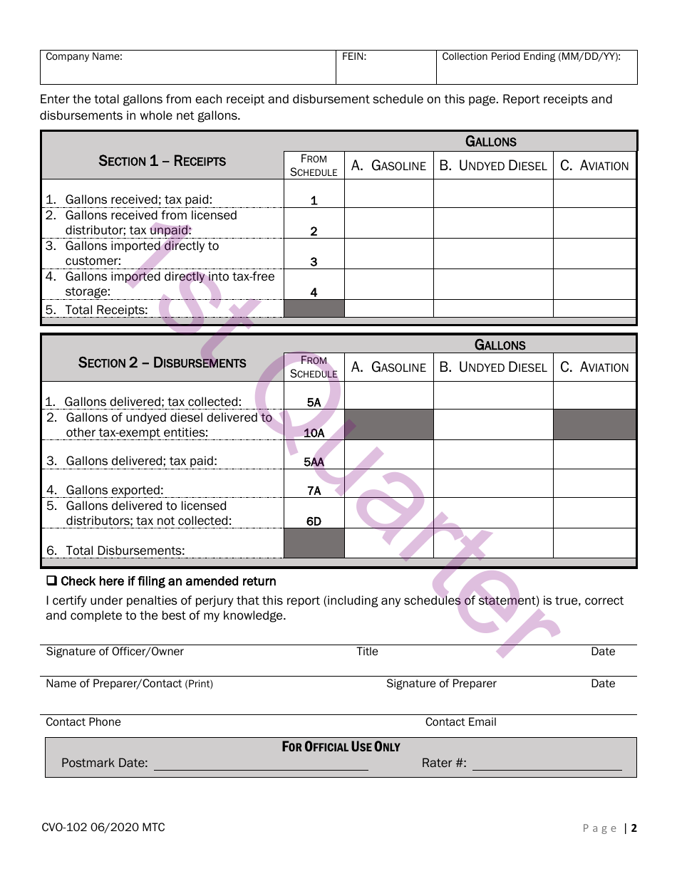 Form CVO-102 Distributor Fuel Tax Return - 1st Quarter - Vermont, Page 2