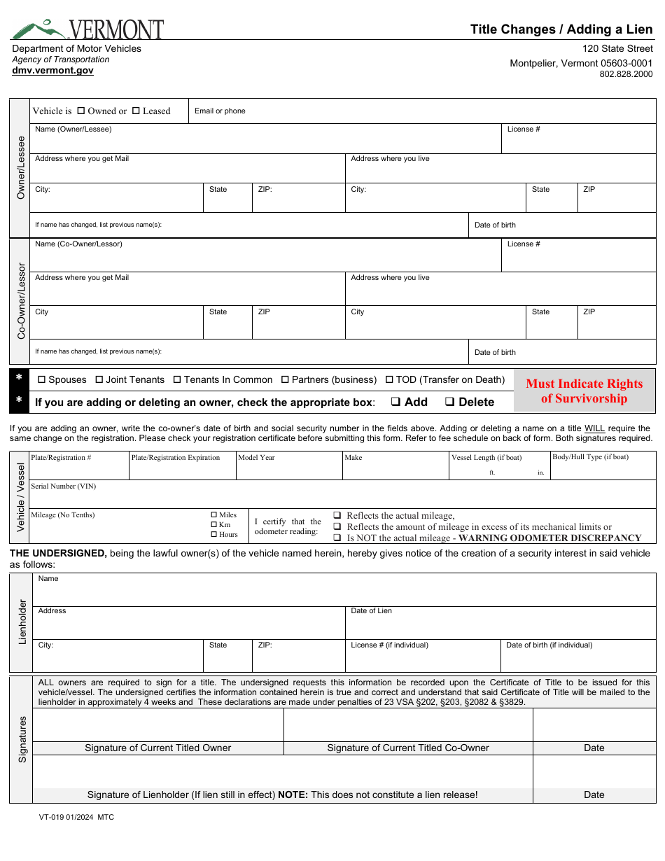 Form VT-019 Title Changes / Adding a Lien - Vermont, Page 1