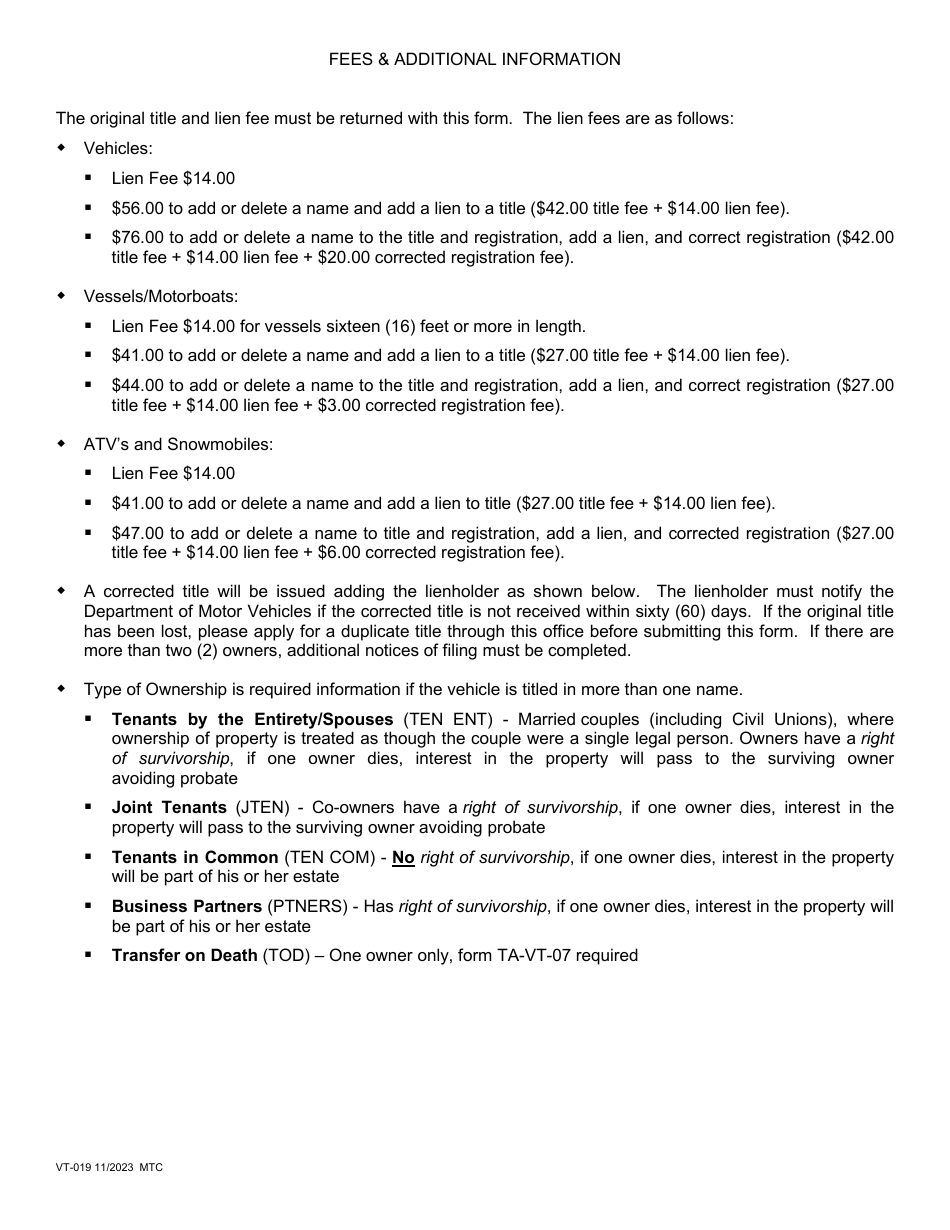 Form VT-019 Title Changes / Adding a Lien - Vermont, Page 2