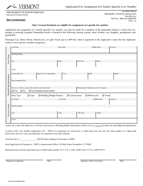 Form VD-167 Application for Assignment of a Family Specific Low Number - Vermont