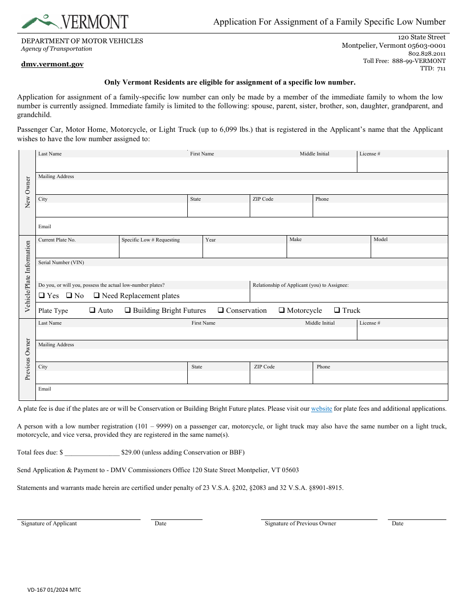 Form VD-167 Application for Assignment of a Family Specific Low Number - Vermont, Page 1