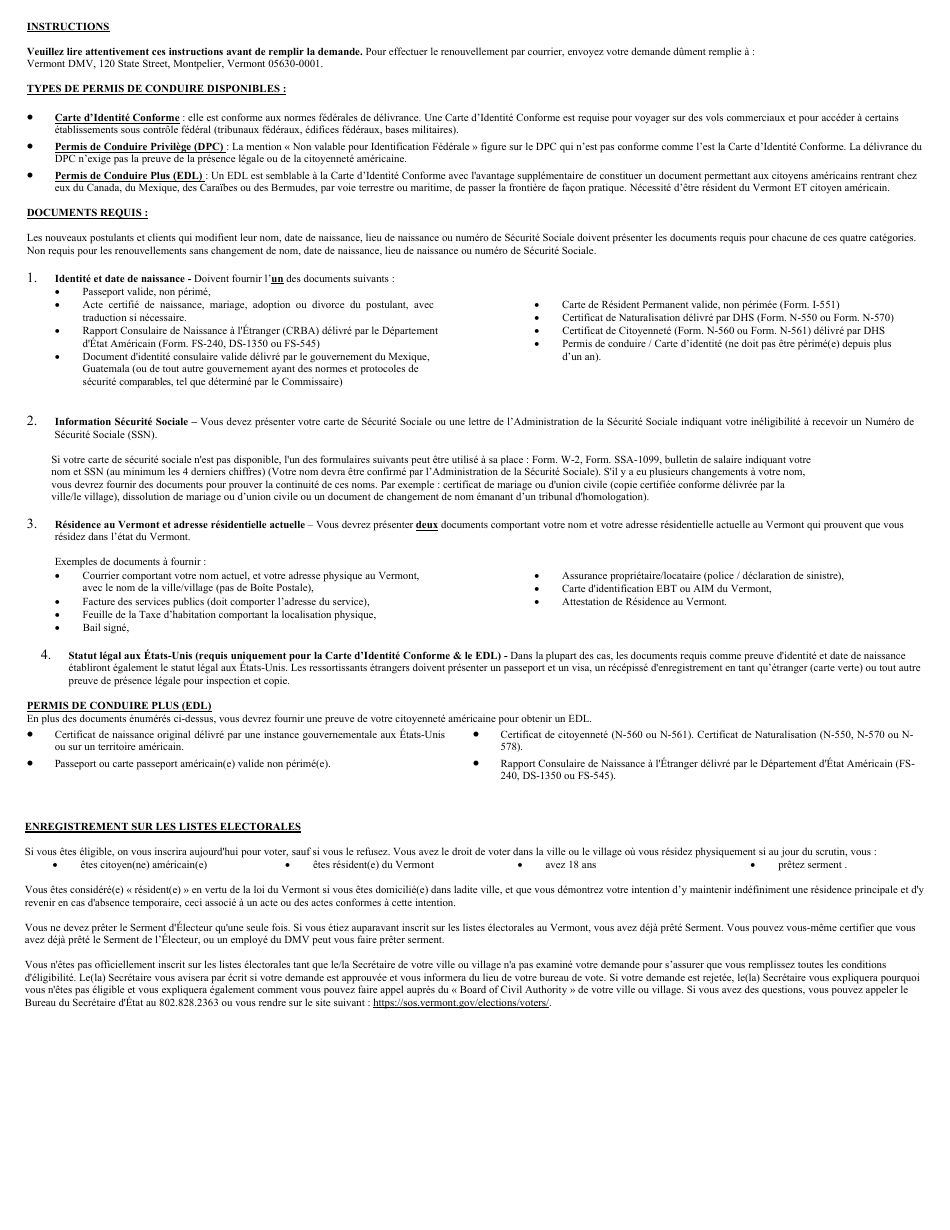 Form VL-021FR Application for License / Permit - Vermont (French), Page 3