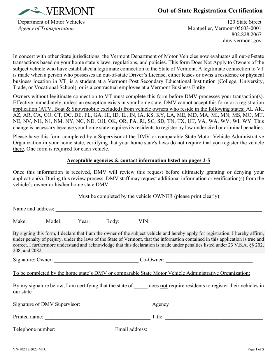 Form VN-102 Out-of-State Registration Certification - Vermont, Page 1