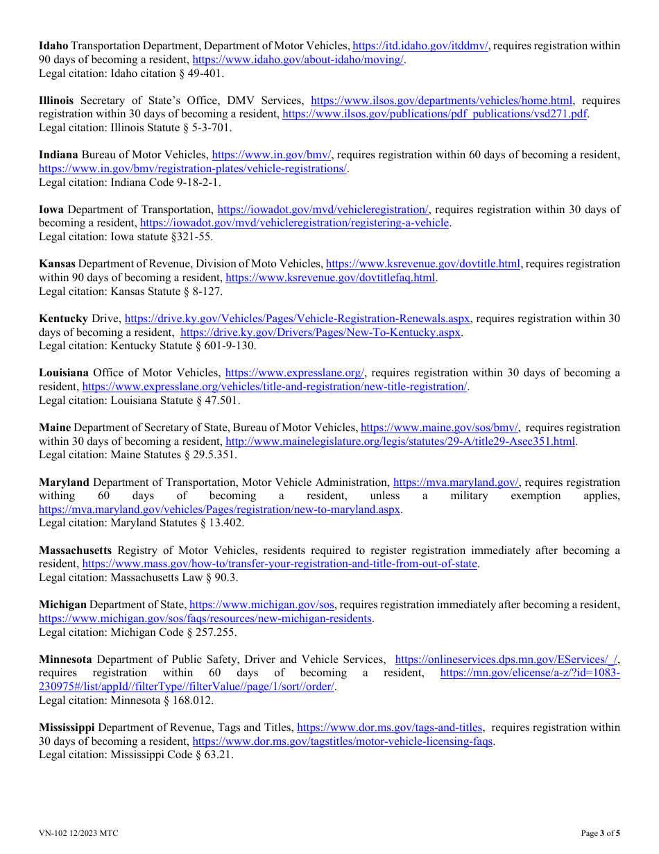 Form VN-102 Out-of-State Registration Certification - Vermont, Page 3